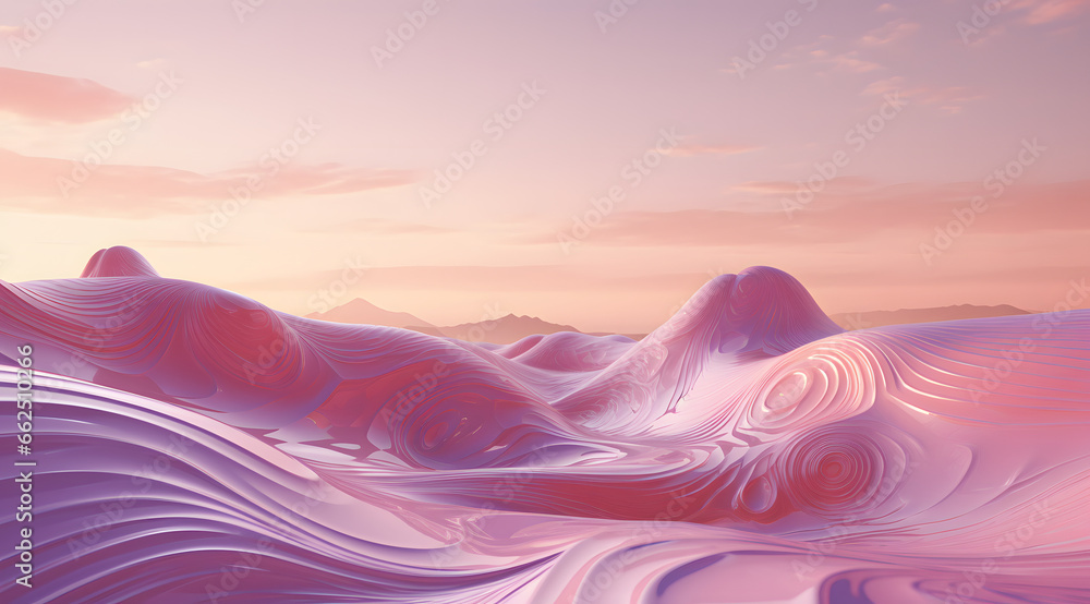 Digital topographic landscape with undulating waves in shades of lavender and pink, bathed in a tranquil sunset glow