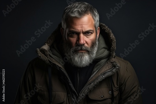 Portrait of an old man with gray beard and mustache in a warm jacket on a dark background