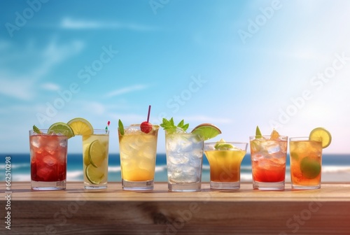 assorted summer cocktails on a wooden table with a beautiful beach setting. generative ai