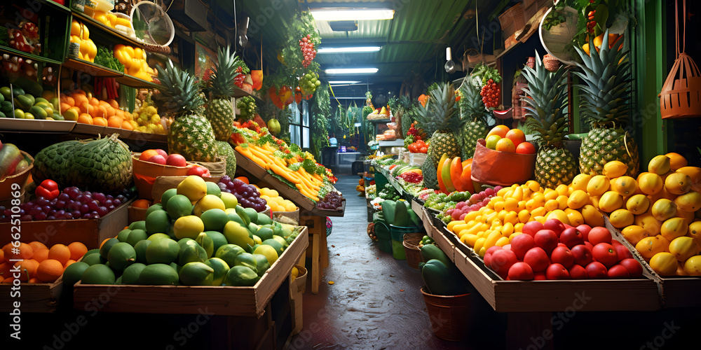 Fruit market stall, a colorful image capturing the abundance of a fruit market stall, where a variety of fresh fruits are displayed in an inviting array, enticing the senses - obrazy, fototapety, plakaty 