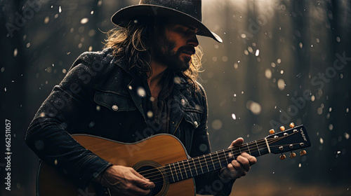 Foto A country singer with a hat playing the guitar in winter during light snowfall