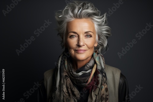 Portrait of a beautiful senior woman with grey hair and scarf.