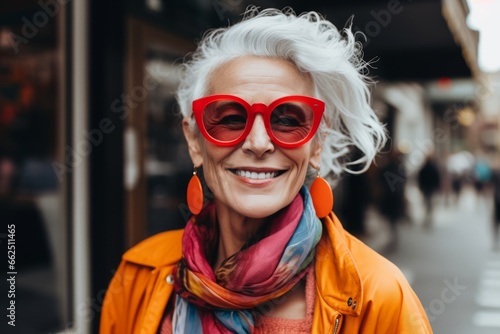 Portrait of smiling senior woman in red sunglasses on the street.