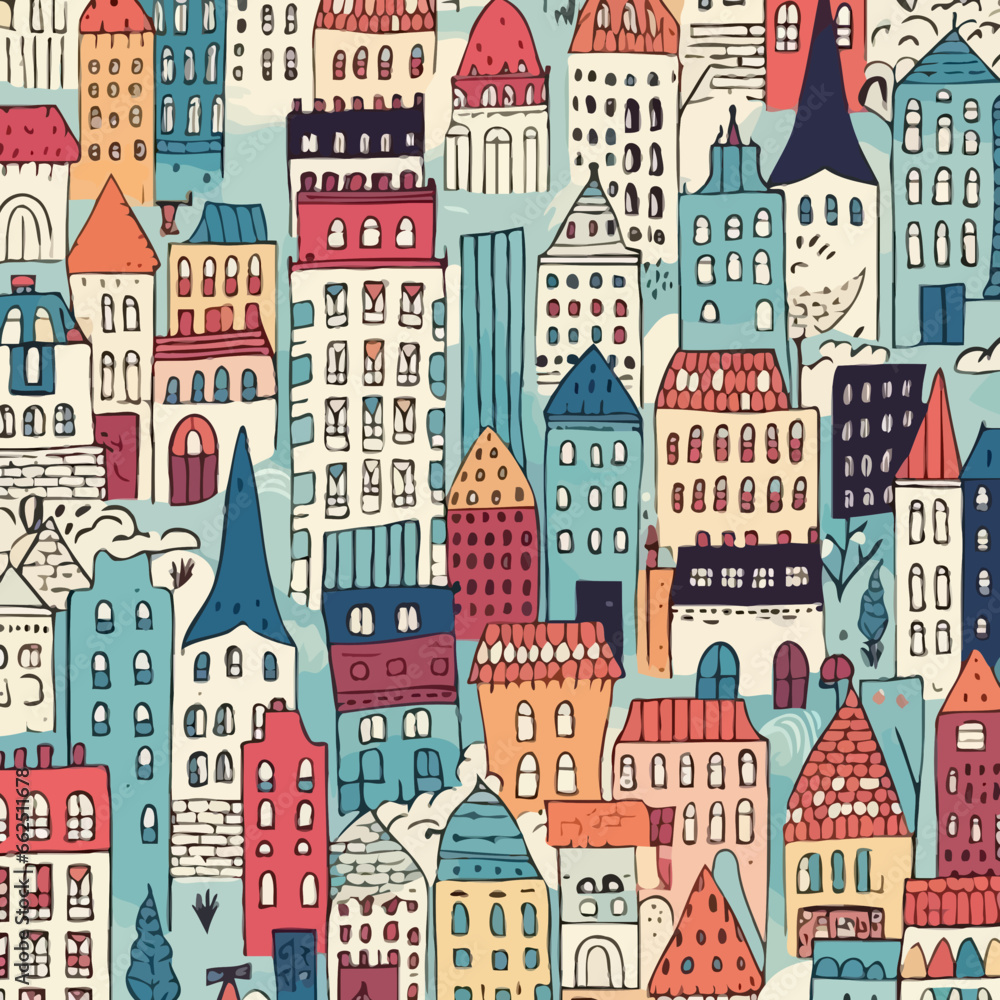 Cityscapes and urban skylines quirky doodle pattern, background, cartoon, vector, whimsical Illustration