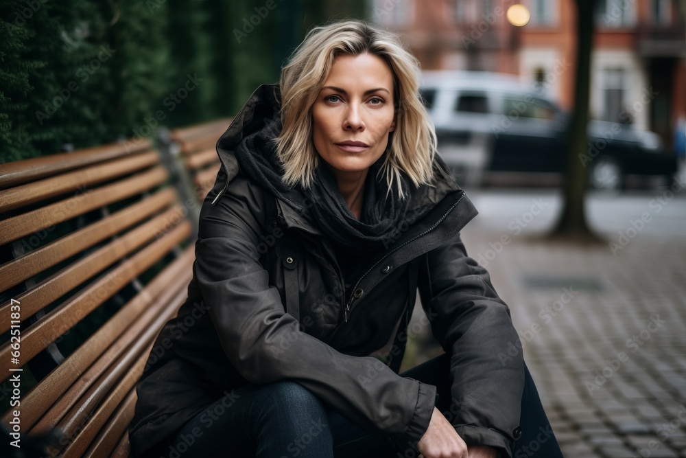Portrait of a beautiful woman sitting on a bench in the city. Portrait of a beautiful woman sitting on a bench in the city.