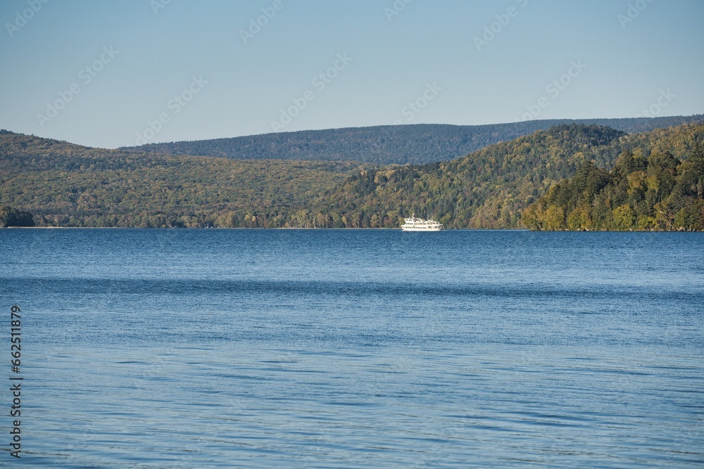 Hokkaido, Japan - October 14, 2023: Cruise ship in Lake Akan in Hokkaido, Japan
