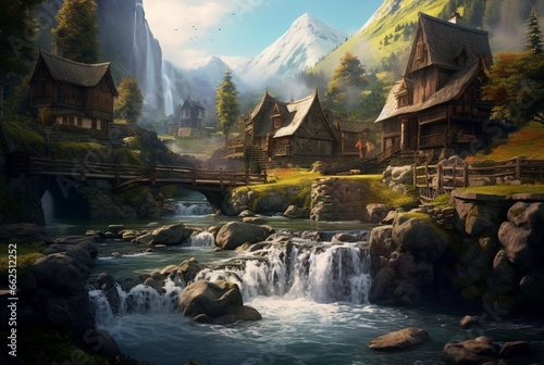 a small village with a beautiful waterfall. generative ai © LivroomStudio