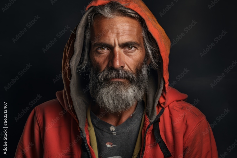 Portrait of a senior man with long gray beard and mustache wearing a red hoodie on a dark background