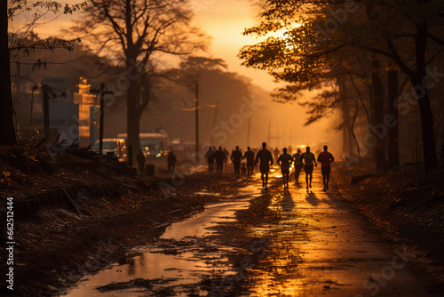 Golden Hour Stroll: Silhouettes of People Walking Amidst Misty Trees and Urban Backdrop