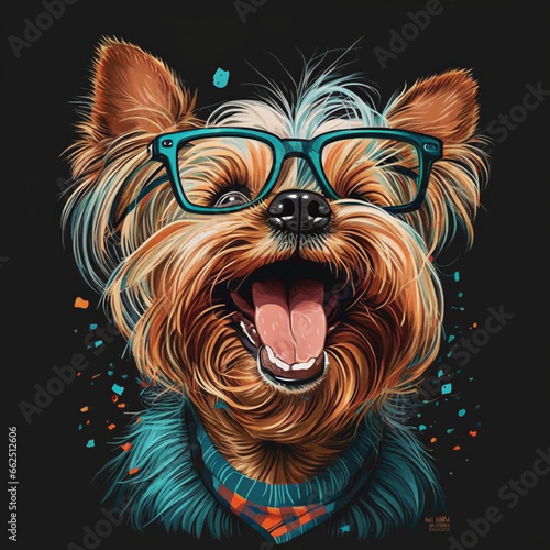 Happy Yorkshire Terrier wearing bifocal glasses dark confetti background teal  and orange