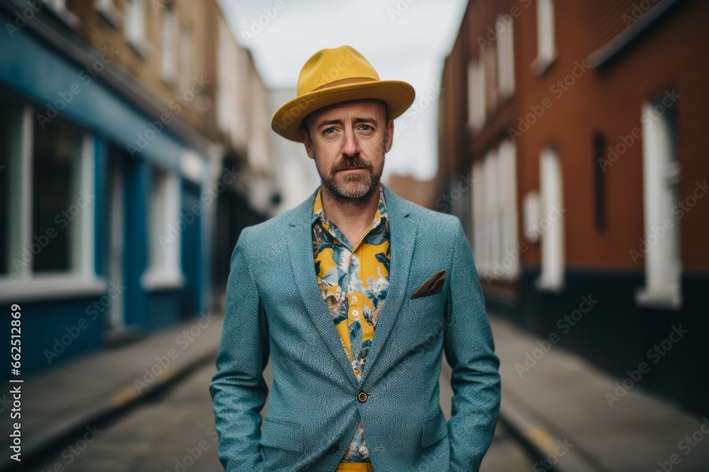 Portrait of a stylish man in a yellow hat and a jacket.