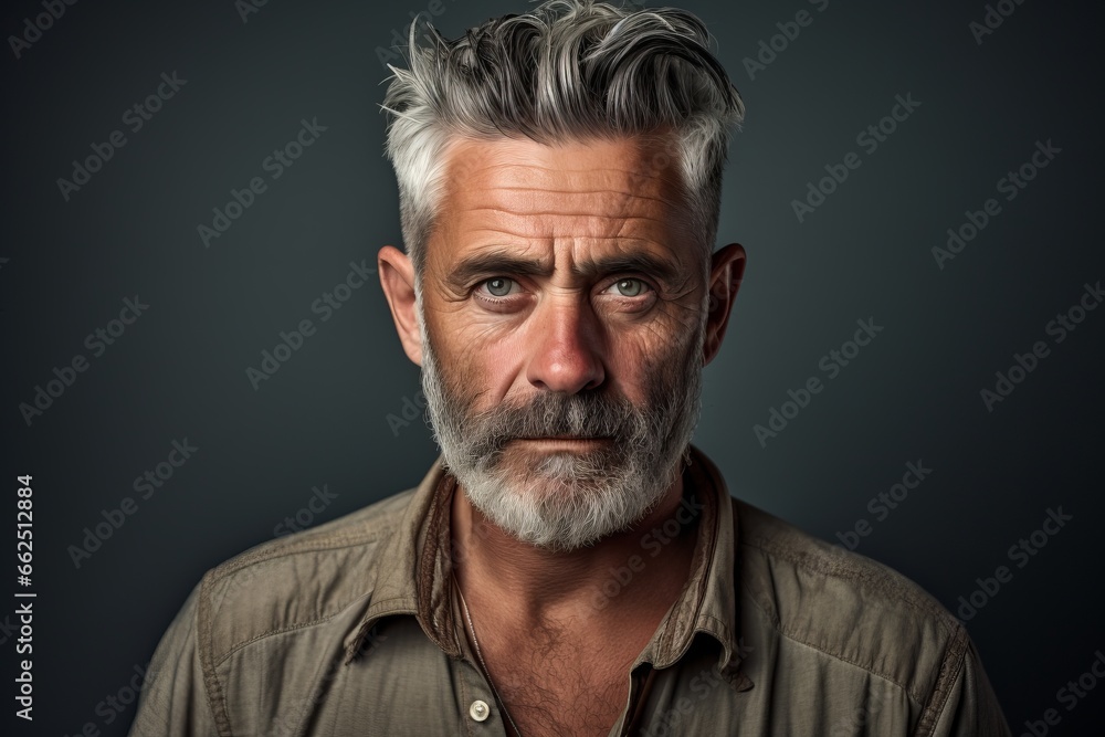 Portrait of a senior man with grey hair and beard looking at the camera.