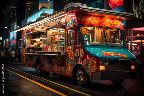Vibrant Food Truck Illuminating the Night in City Streets.. © PHOTOVERTICE