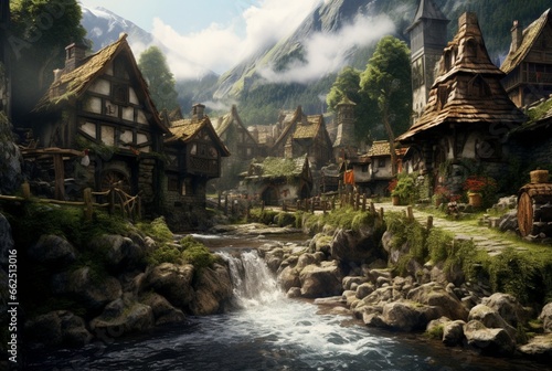 a small village with a beautiful waterfall. generative ai