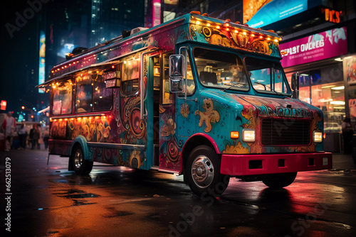 Vibrant Food Truck Illuminating the Night in City Streets..