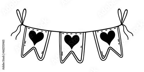 Festive garland with heart vector icon. Cute holiday flags hanging on a rope with bows tied. Decoration for Valentine's day, love party, date, wedding. Hand drawn romantic doodle isolated on white