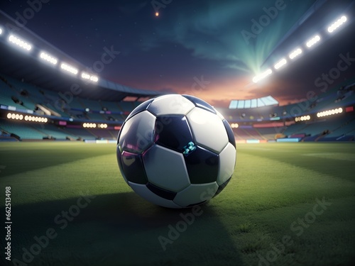 soccer ball on grass with a stadium, AI generated. © Asyam Design