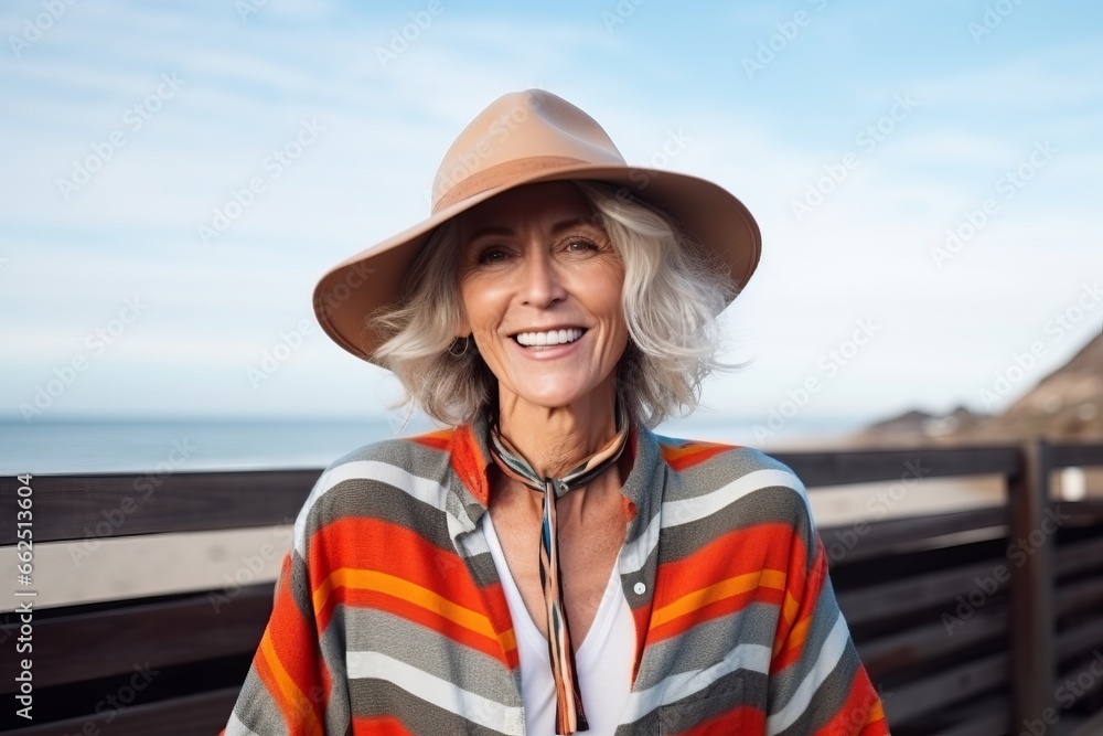 Portrait of a happy senior woman in hat and striped jacket on the beach