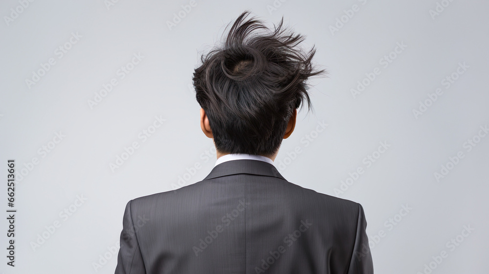 ひどい寝ぐせのスーツ男性の後ろ姿 ひどい寝ぐせのスーツ男性の後ろ姿