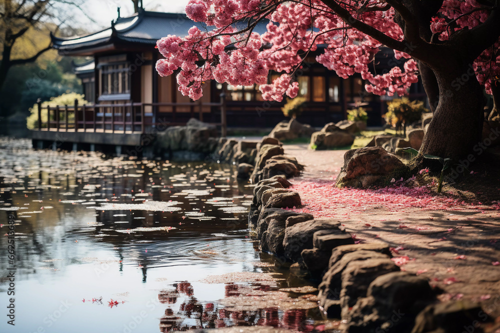 Fototapeta premium Serenity Blooms: Cherry Blossoms in Japanese Landscape by Temple