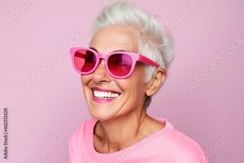 Portrait of a happy senior woman with pink sunglasses over pink background © Chacmool