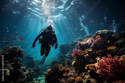 Wallpaper Mural Diver Exploring Vibrant Coral Reefs Amidst Schools of Colorful Fish Under Sunlit Waters Torontodigital.ca