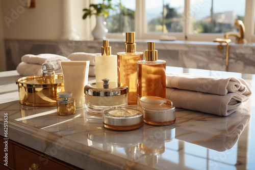 Elegant Skincare Products Displayed on Marble Vanity, for advertising