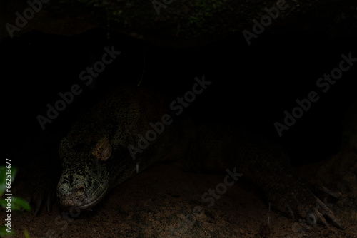 Komodo Dragon Varanus komodoensis hiding under the rock, Komodo Island photo