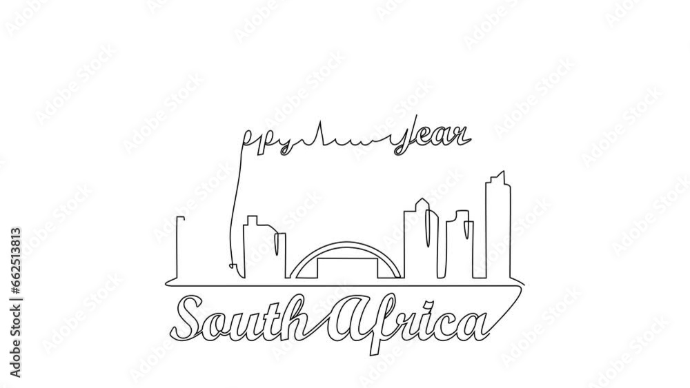 Animated self drawing of Happy New Year in South Africa with white background. Skyline design concept illustration in simple linear animation. New Year in South Africa  design full length animation