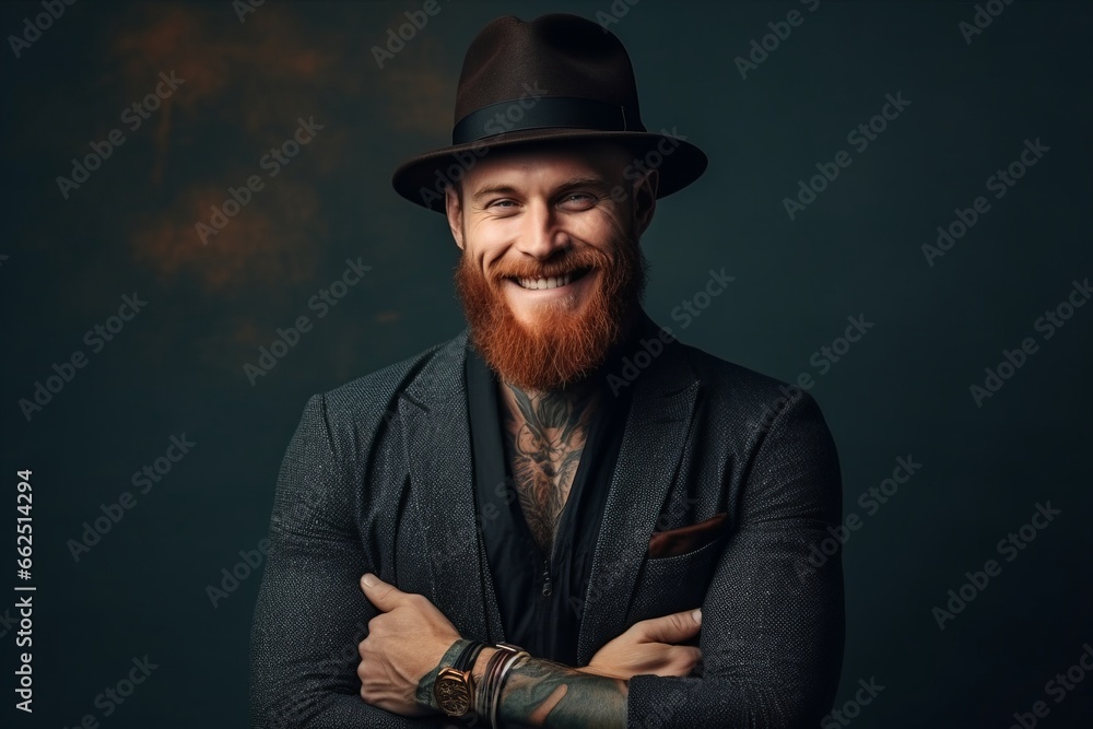 Portrait of a red-bearded gangster wearing a top hat. Portrait of a red-bearded gangster wearing a top hat.