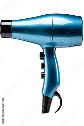 A blue hair dryer on a transparent white background