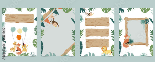 Wood frame collection of safari background set.Editable vector illustration for birthday invitation,postcard and sticker