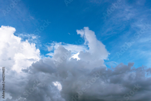 Blue sky fluffy white clouds on summer season bright clear skyline with beautiful cloudscape. Panorama blue sky clouds pattern on daylight with copy space. Cumulus cloudscape air climate sunny day