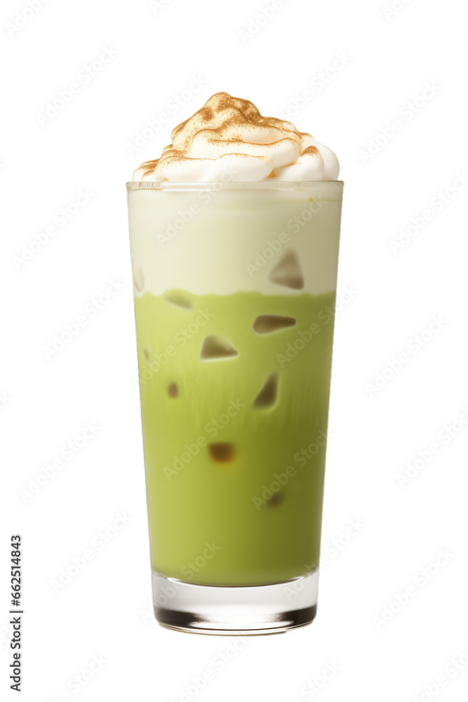 A matcha mint drink in a glass on a white transparent background A matcha mint drink in a glass on a white transparent background