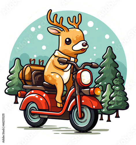 A Christmas reindeer rides a red motorcycle against a background of Christmas trees and falling snow. Generative AI.