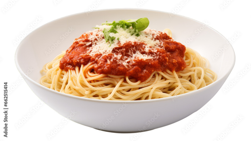 Bowl of delicious spaghetti bolognese on a white transparent background