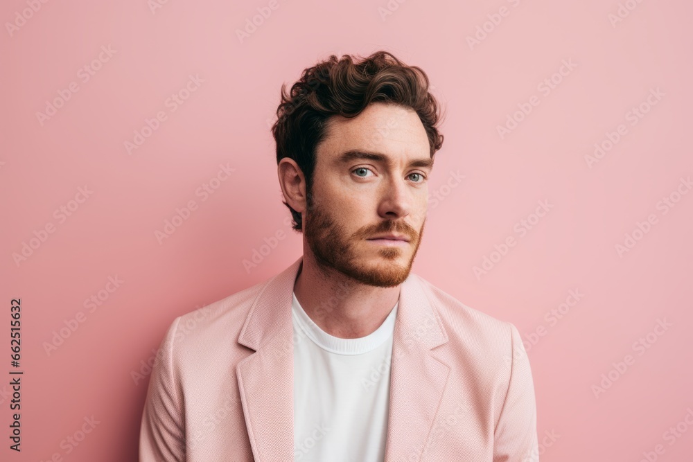 Portrait of a pensive young man looking at camera while standing against pink background Portrait of a pensive young man looking at camera while standing against pink background