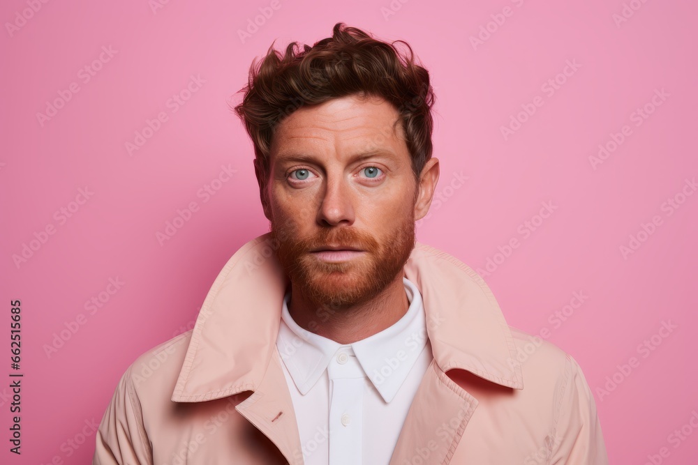 Portrait of a handsome red-haired man with freckles on his face looking at the camera against a pink background Portrait of a handsome red-haired man with freckles on his face looking at the camera against a pink background