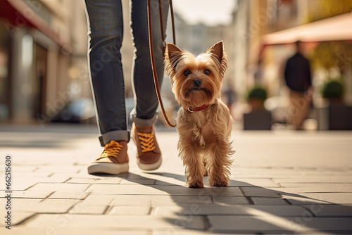 Unrecognizable person taking the dog for a walk outdoors in the city. Generative AI. © Lux Images