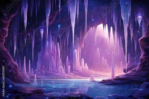 Harmonious waterfalls of glowing crystals, cascading with soothing melodies - Generative AI