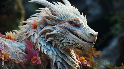 white dragon with glowing eyes sitting on the rock  on fantasy colorful forest. Generative AI