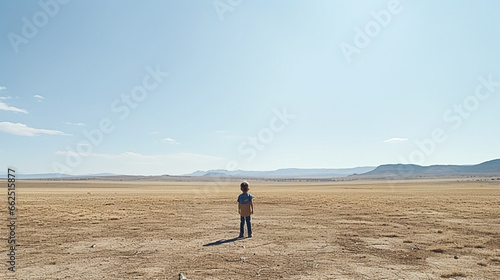 the little boy stood in front of a vast expanse of barren land shot from behind. Generative AI