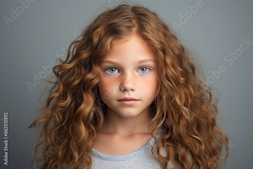 Portrait of a beautiful little girl with long curly hair. Studio shot. photo