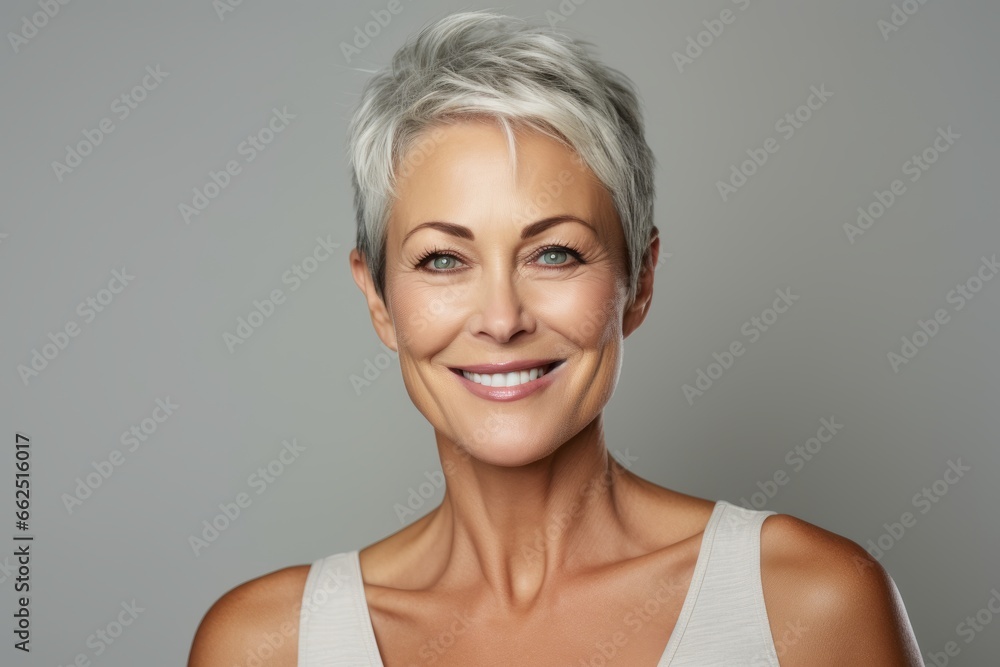 Beautiful smiling middle aged woman with short grey hair. Studio shot. Beautiful smiling middle aged woman with short grey hair. Studio shot.