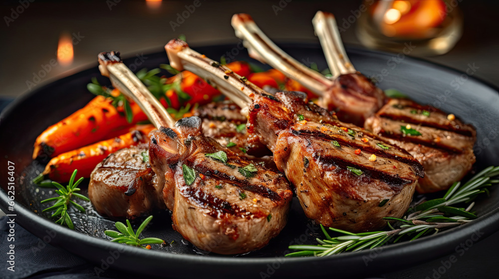 Delicious grilled lamb chops with roasted carrots on a chic marble in the restaurant. Delicious grilled lamb chops with roasted carrots on a chic marble in the restaurant.
