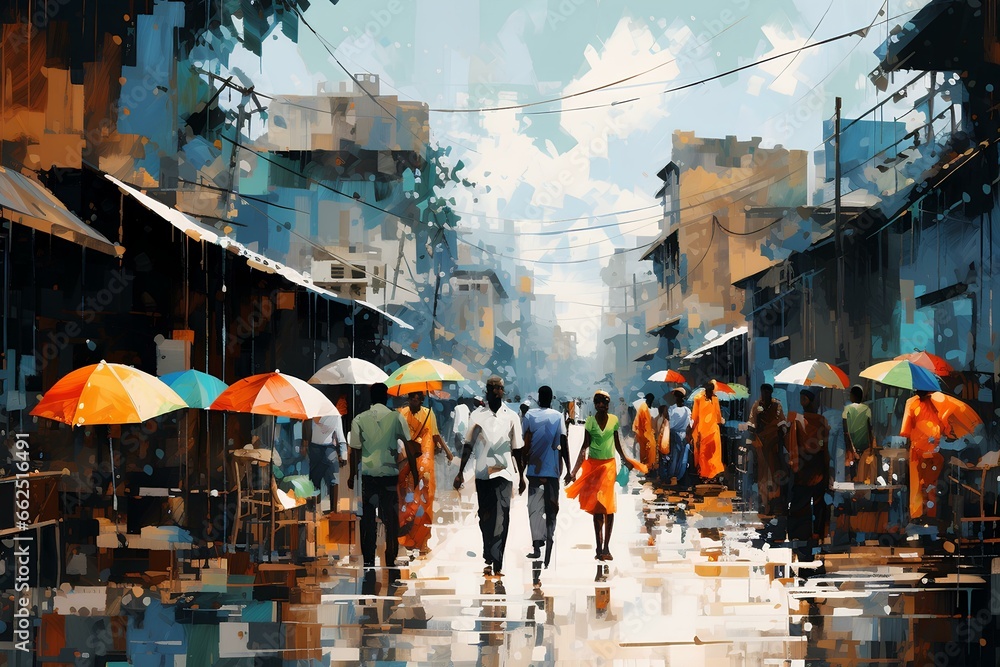painting of people shopping in street of an urban market, light sky-blue and orange, afrofuturism, cluttered, pixelated, cracked, palette knife. generative AI