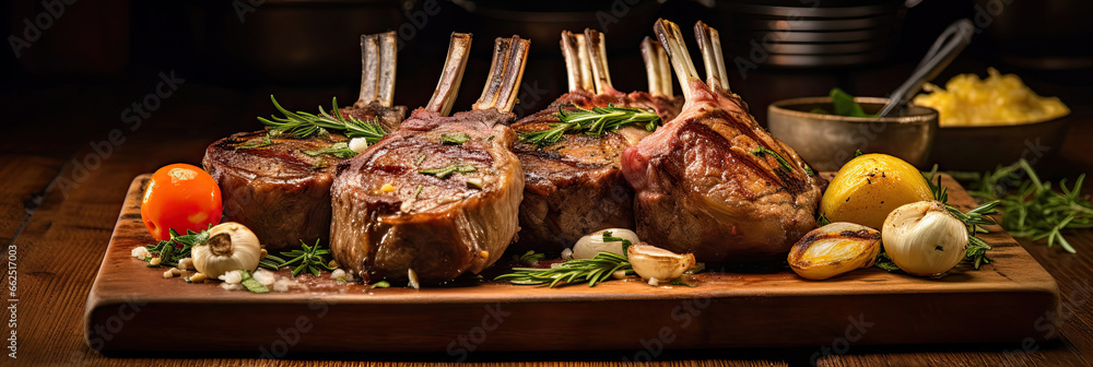 Rack of lamb, with mustard and garlic sauce on the wooden table.