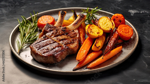 Rare Lamb Chops with roasted carrots on a chic marble background.