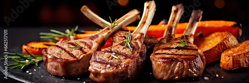 Rare Lamb Chops with roasted carrots on a chic marble background.