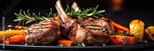 Rare Lamb Chops with roasted carrots on a chic marble background.